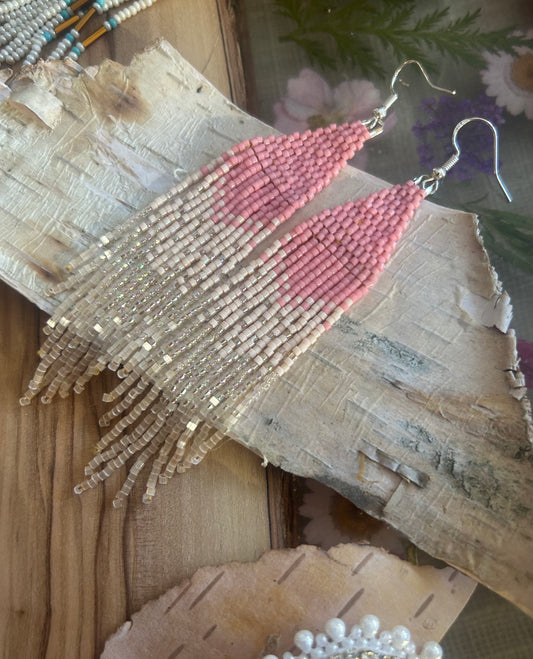 Pink Beaded Fringe Earrings